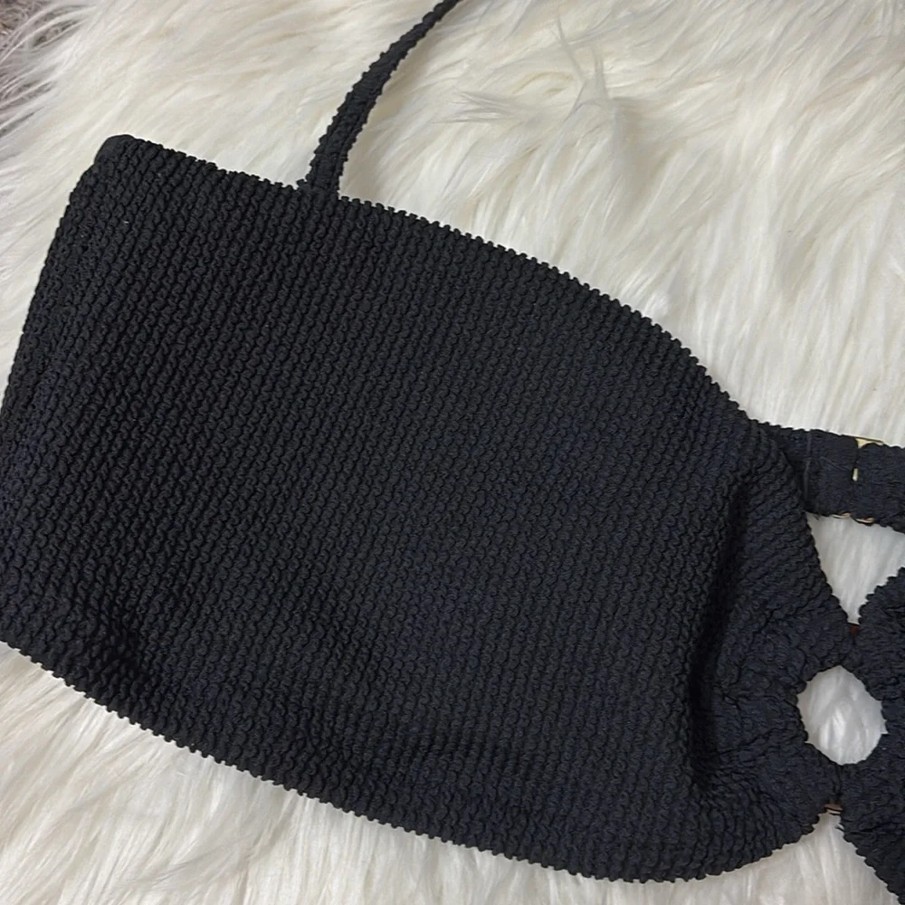 NWT J. Crew Black Heritage Textured O-Ring Bandeau Bikini Top Only Size 2X